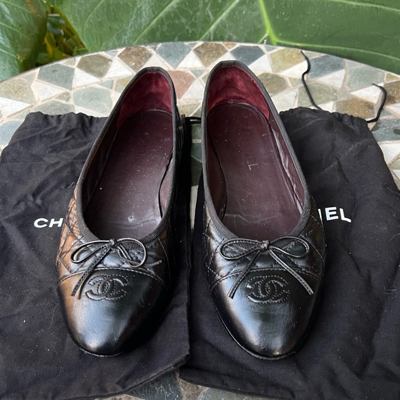 Chanel quilted leather cap toe cc flats ballet classic black - Picture 7 of 8